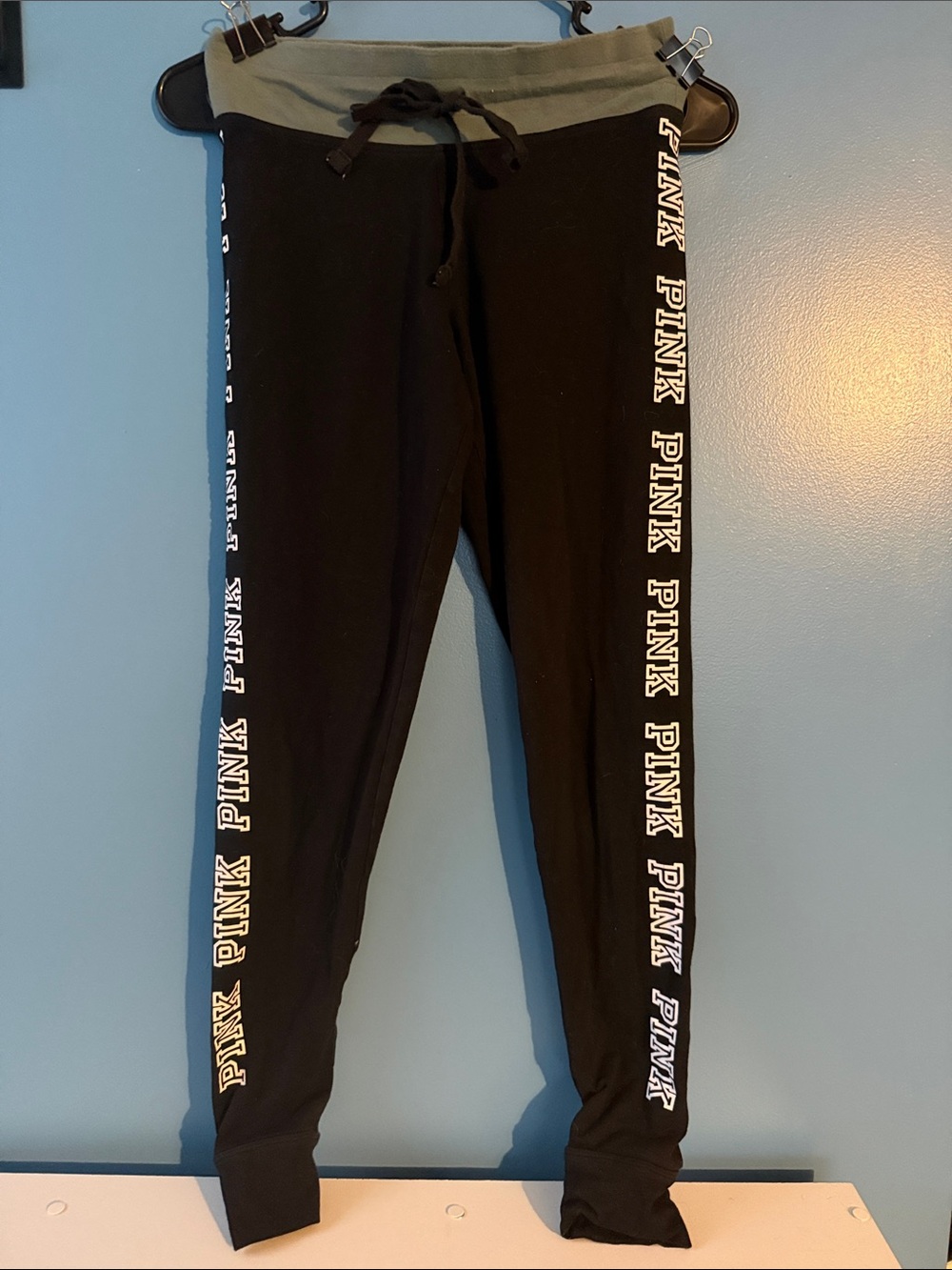 PINK Victoria's Secret Black Joggers with Green Waistband and White Logo- Small - Picture 1 of 5